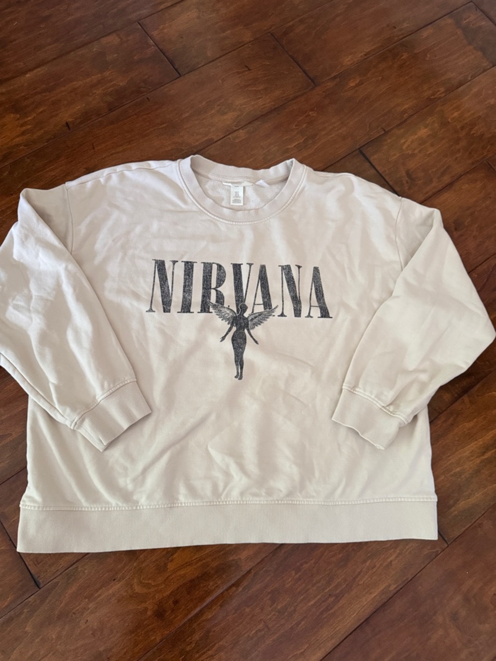 H&M NIRVANA Cream women’s XL Crewneck Sweatshirt with Black Logo